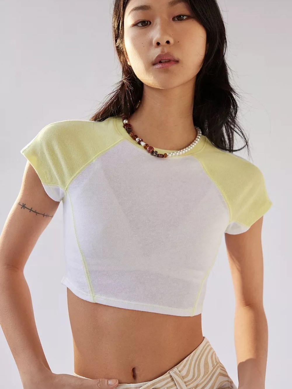 BDG Two Tone Cropped Raglan Tee White and Yellow